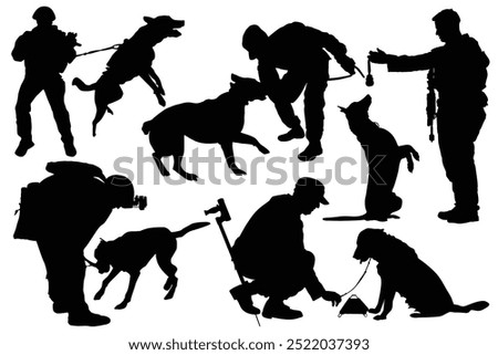 Silhouette of a police officer training with his dog partner. Vector drawing of a police man with dog. Silhouettes of officer with a dog. A collection of soldier, army, military, k9 dog  silhouettes.