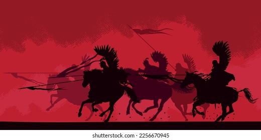 Silhouette of a Polish winged hussars. Cavalry in charge. Horse soldiers in attack. Vector illustration. Isolated. Poland. Commonwealth. Europe.