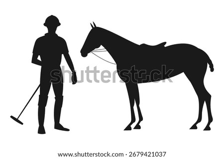 Silhouette of a polo player standing beside a saddled horse holding a mallet on white background