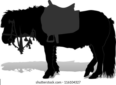 Silhouette of a pony with a bridle and a saddle
