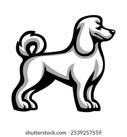 La silueta de un perro caniche. Una Plantilla para el diseño de logotipos, juegos, ropa y recuerdos. Resaltado sobre un fondo blanco. Ilustración vectorial.