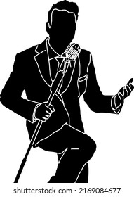 Silhouette of Pop Singer, Singer vector, sketch drawing of singer holding standing mic, line art illustration of artist