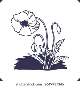Silhouette of a poppy with delicate, slightly crumpled petals and a curved, slender stem, floral vector