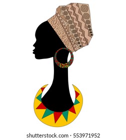 Silhouette portrait of beautiful African woman with earring (profile view). Vector illustration. Hand drawn. Can be used for advertising, posters, stickers or cards.