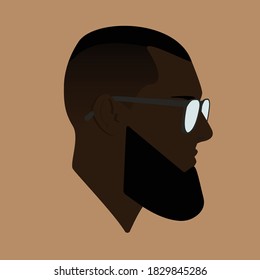 Silhouette. Portrait. Black guy in sunglasses. Male head in glasses. Man head silhouette. Man Flat illustration. 