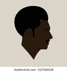 Silhouette. Portrait. Black man head. Man head flat colored illustration. Black guy with mustache. Head silhouette. 70s style