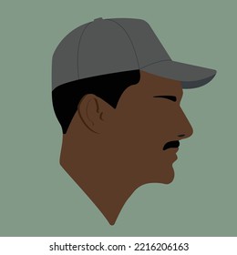 Silhouette. Portrait. Black man head. Flat colored illustration. Head silhouette. The head of a black guy in a baseball cap. A black man with a mustache