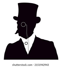 Silhouette portrait of elegant young man in victorian dress. Man in historical clothes with top hat and monocle. 