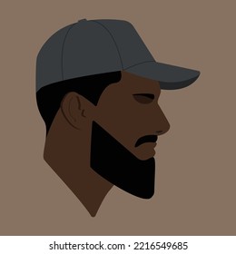 Silhouette. Portrait. Face. Black man head. Man head flat colored illustration. Head silhouette. Bearded black man. The head of a black guy in a baseball cap.