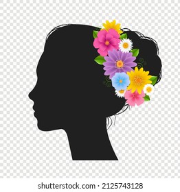 Silhouette Portrait femal Head With Flowers Transparent Background With Gradient Mesh, Vector Illustration