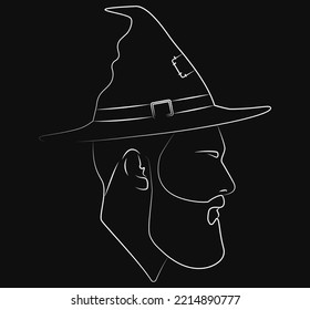 Silhouette. Porträt. Linearer Zauberer mit Hut. Männlicher Kopf. Avatar. Mann, Kopfsilhouette. Bearded man. Mann Flache Illustration. Zauberer mit Hut. Lineare Kunst.