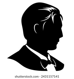 Silhouette portrait of man in suit and bow tie for avatars, user profiles. Designed to good fit in square and circle. Vector clipart isolated on white.