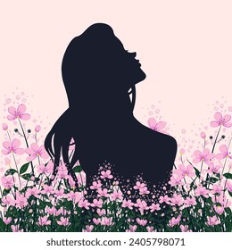 Silhouette Portrait of Peace Woman on Beautiful Pink Blumen Landschaft für glückliche Frauen Tag Feier Konzept.