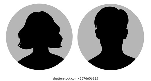 Silhouette portrait profile of unknown people. Illustration of anonymous man and woman. Male and female badge avatars. 