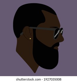 Silhouette. Portrait. Stylish Black Man. Black Bearded Guy In Sunglasses And Earring. Male Head In Glasses. Man Head Silhouette. Man Flat Illustration. 