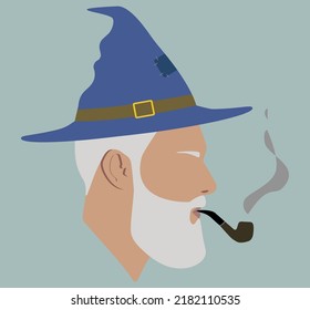 Silhouette. Portrait. The Wizard Smokes A Pipe. Wizard With Hat. Male Head. Avatar. Man Head Silhouette. Bearded Man. Man Flat Illustration. Wizard With Hat