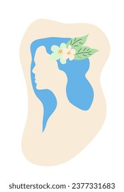 Silhouette portrait of woman with a flower in her hair, vector illustration.