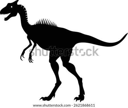Silhouette portrays a dilophosaurus, notable for its crested head and bipedal stance; its robust build underscores its prehistoric might. A dark, commanding figure stands starkly.