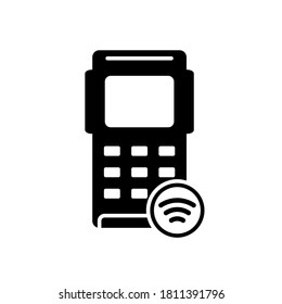 Silhouette Pos terminal with paypass. Contactless purchase by card or digital device. Outline illustration of credit card machine with touch payment, nfc. Flat isolated vector icon on white background