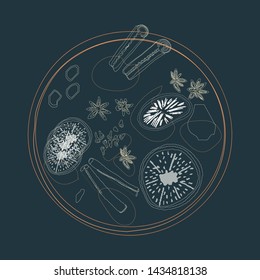 Silhouette pot with mulled wine and spices. Holiday composition with decorations. Flat style illustration. Festive greeting card, banner, poster sketch design. Vector