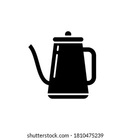 Silhouette Pour over coffee kettle. Outline icon of punch pot with long spout. Black simple illustration of hand teapot for barista. Kitchenware emblem. Flat isolated vector, white background