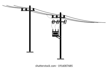 The silhouette of power electrical line and distribution transformer installed on the pole, on white background.