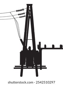 Silhueta Subestação de grade de energia - ilustração vetorial. Sistemas de transmissão de alta tensão. Polo elétrico. Linhas elétricas. Uma rede de cabos elétricos interligados. Infraestrutura elétrica urbana