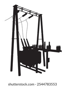 Silueta Subestación de red eléctrica - Ilustración vectorial. Sistemas de transmisión de alta tensión. Poste eléctrico. Líneas eléctricas. Una red de electricidad interconectada. Infraestructura eléctrica de la ciudad Isométrica