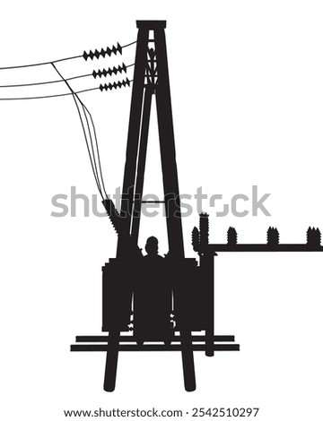 Silhouette Power grid substation - vector illustration. High voltage transmission systems. Electric pole. Power lines. A network of interconnected electrical. City electricity infrastructure