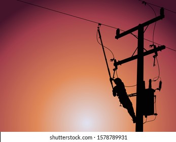 Silhouette of power lineman closing a single phase transformer on energized high-voltage electric power lines.