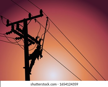 Silhouette of power lineman closing a single phase transformer on energized high-voltage electric power lines.