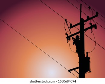 Silhouette of power lineman closing a single phase transformer on energized high-voltage electric power lines.