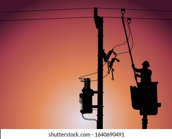 Silhouette of power lineman stand on bucket truck and closing a single phase transformer on energized high-voltage electric power lines.