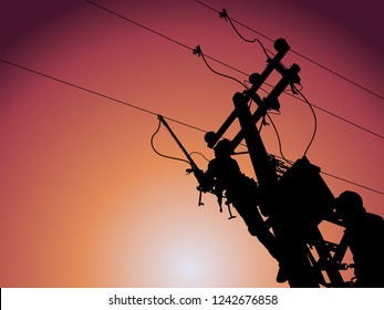 Silhouette, power lineman use clamp stick (insulated tool) to closing a transformer on energized high-voltage electric power lines. Isolated from background with clipping path.