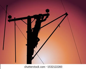 The silhouette of power lineman use insulated tool to replacement line post insulator on energized high-voltage