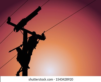 The silhouette of power lineman use insulated tool to replacement line post insulator on energized high-voltage