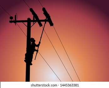 Silhouette of power lineman uses a clamp stick grip all type to install the line cover on energized high-voltage electric power lines. To change the lightning arresters that is damaged.