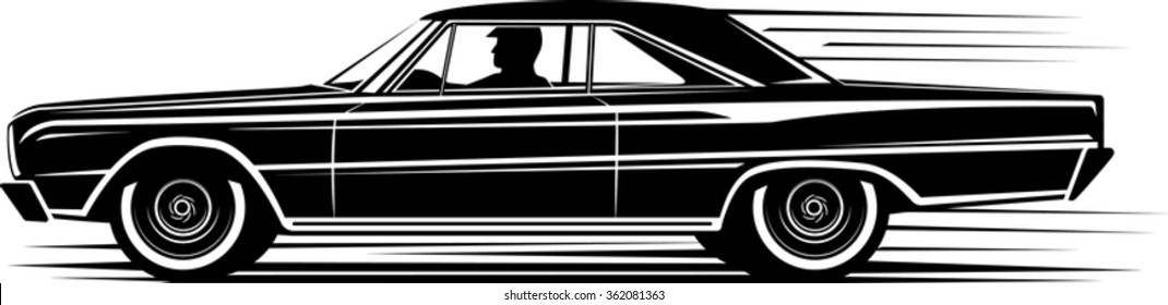 Silhouette of a powerful American car 70's on white. Vector illustration