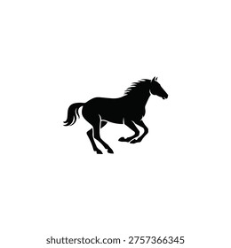 Silhouette of a powerful horse galloping, dynamic and free, black and white vector illustration.