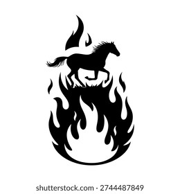Silhouette of a powerful horse running through flames, symbolizing passion, speed, and untamed energy.