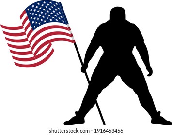 Silhouette of a powerful man holding the flag of the United States of America. Economic expansion or patriotism concept
