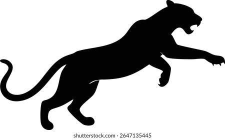 Silhouette of a powerful panther pouncing or leaping on an isolated white background