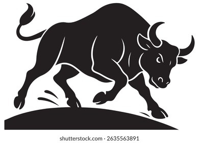 Silhouette of a Powerful Raging Bull with Horns