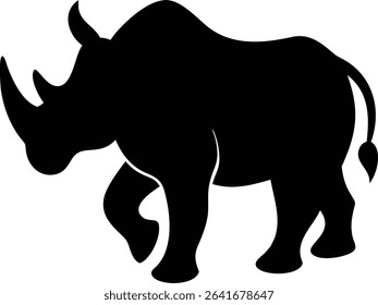 Silhouette of a powerful rhinoceros walking with its head down and tail curled, isolated on white background. Bold and iconic animal graphic ideal for logos, tattoos, or wildlife-themed designs.

