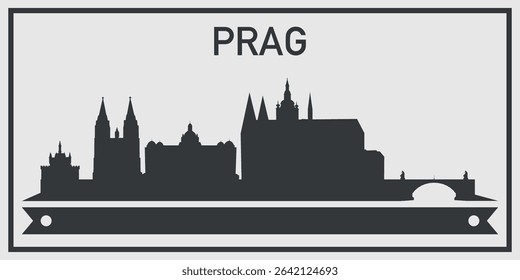  Silhouette of Prag city skyline with minimalistic design in black and gray color scheme and decorative ribbon for text on the bottom. Vector on a gray background