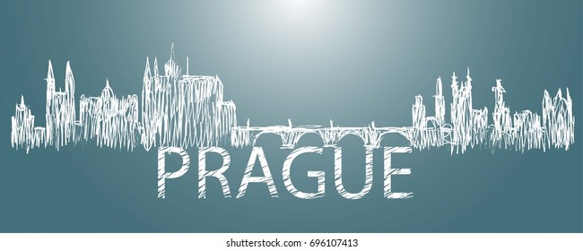 Silhouette Prague city drawing with chalk. Green background