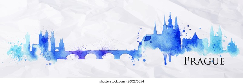 Silhouette Prague city drawing with splashes of watercolor drops landmarks in blue with violet tones