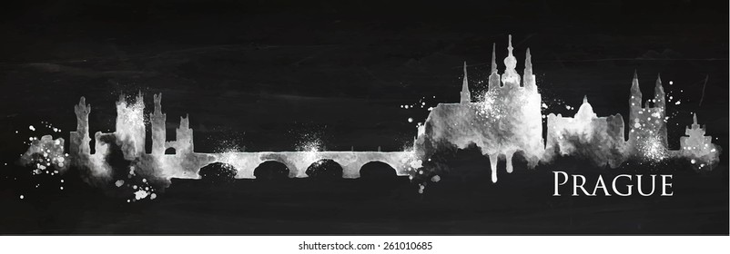 Silhouette Prague city with splashes drops and streaks landmarks drawing with chalk on blackboard