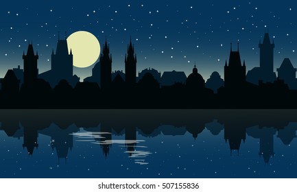 Silhouette of Prague at night. City skyline with reflection in the water. Travel background. Vector illustration.