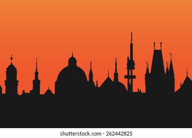 Silhouette of Prague towers at dawn, view from the Bridge Tower, vector illustration. Concept of late night at this beautiful historical city.